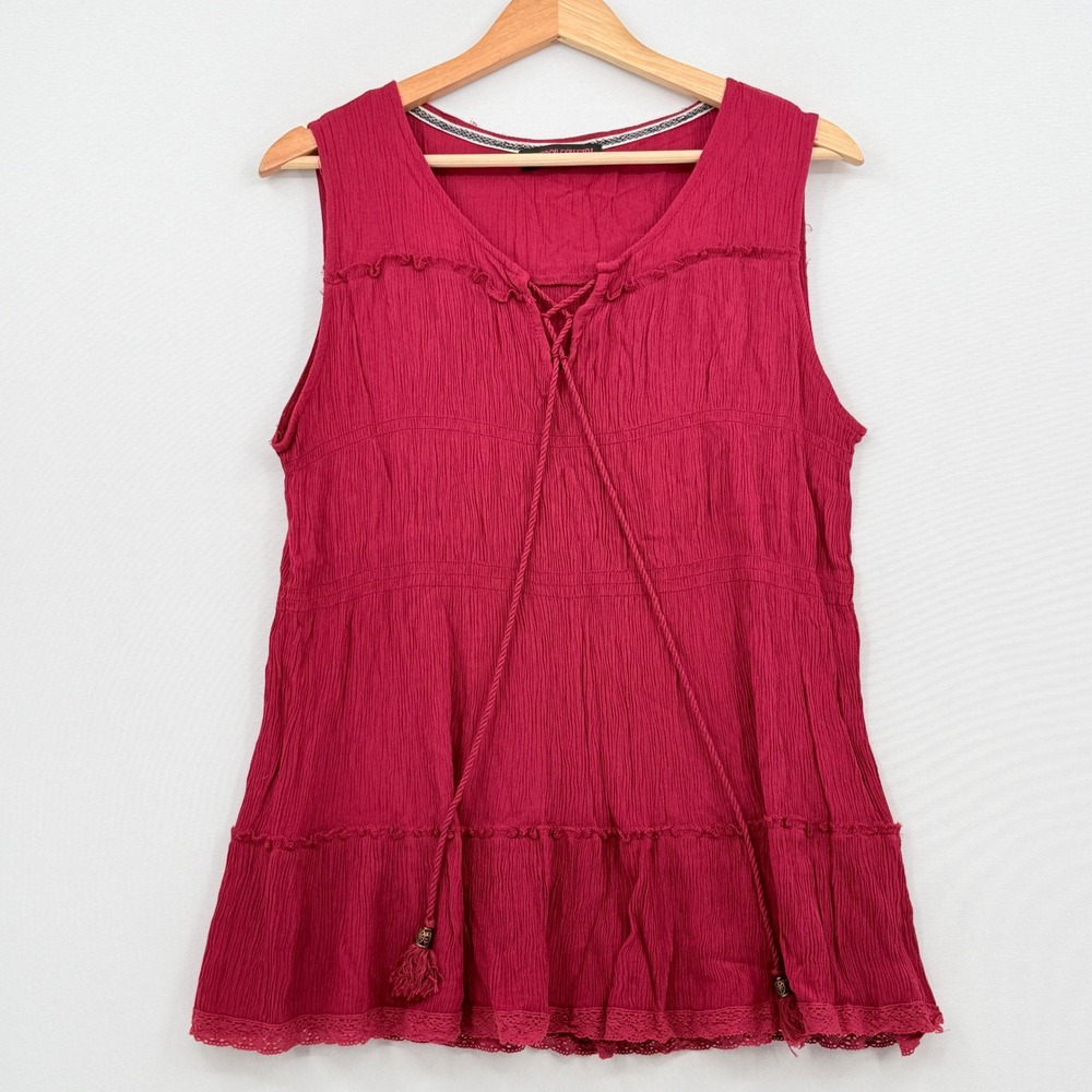 Rock & Roll Cowgirl Tiered Tank Top Womens Medium Red Gauze Lace Up Boho Western
